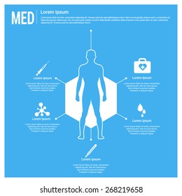 Medical, health and healthcare icons and data elements, Medical infographics black Icon pointing polygon hexagon human male full body all icon with detail description Blue Background