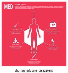 Medical, health and healthcare icons and data elements, Medical infographics black Icon pointing polygon hexagon human Female Full body all icon with detail description Pink background