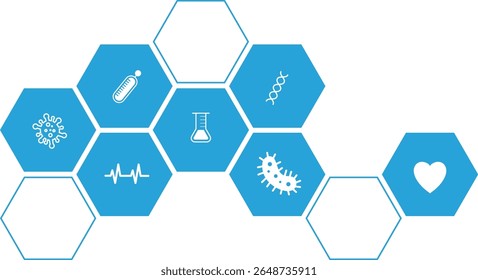 Medical and health icon with blue hexagonal pattern background isolated on transparent background
