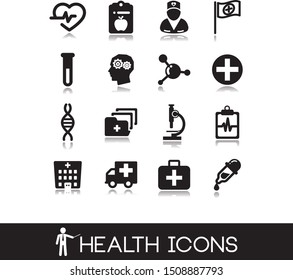 Medical and health icons in black style.