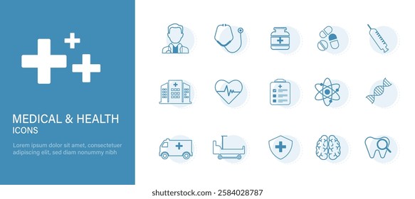 Medical and health icons set. Collection of medical care service symbols, hospital, patient, medicine, pharmacy, nurse, prescription and medical report. Vector illustration.