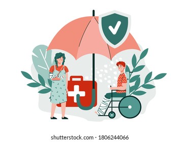 Medical health insurance in case of injury and disability banner with characters of injured people, flat cartoon vector illustration isolated on white background.