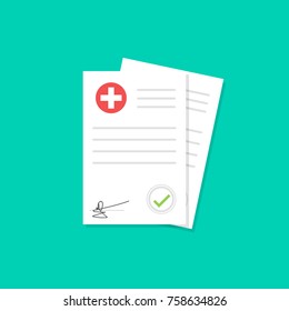 Medical or health insurance document, flat carton paper sheet reports or patient record with medical information clipart image, vector illustration