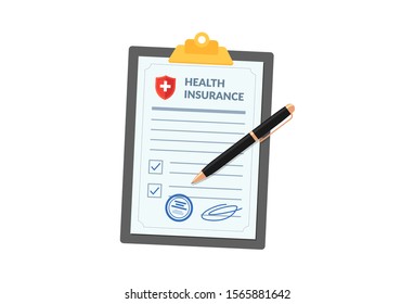Medical health insurance policy on clipboard with pen isolated on white background. Hospital agreement contract document check list with signature on board. Injury risk law legal vector illustration