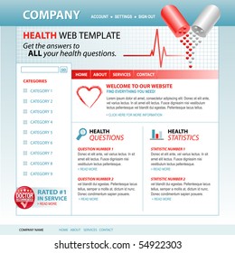 A medical, health internet website template with pills and a heartbeat pulse in the header. Add your text to the navigation and buttons. Use the layout for a hospital, health care or pharmacy theme.