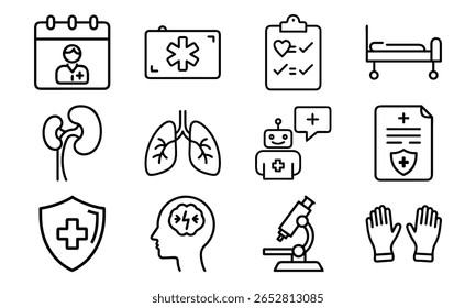 Medical Health Line Icons Set Including Doctor Appointment, Emergency Alert, Kidney, Lung, Brain, and Hospital Equipment in Silhouettes Style on White Background