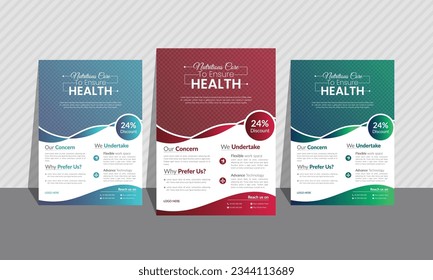 Medical and health multi purpose flyer set of 3 gradient colors. Most unique curvy and geometric shapes, background image, and layout.A4 size. Blue, sky blue, red, green, neon.