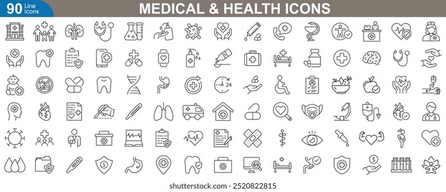 Conjunto de iconos de esquema médico y de salud ilustrador de Vector. Corazón, atención médica, primeros auxilios, hospital, farmacia, bienestar, enfermería y más.