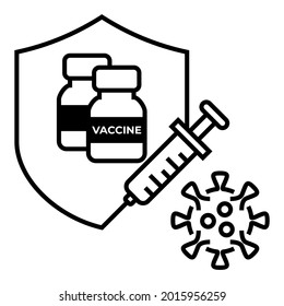 Medical health protection from corona virus with vaccines. Bottles, shield, syringe and covid-19 icon vector design symbol illustration.