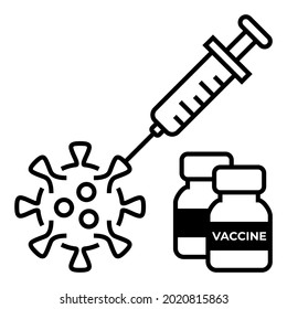 Protección médica contra el virus de la corona con vacunas. Botellas, jeringuillas y símbolo de diseño de vectores de ícono covid-19.