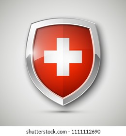 Medical health protection shield cross. Protected steel guard shield concept. Safety badge steel icon. Privacy metal banner shield. Security safeguard metal label. Presentation chrome sticker shape