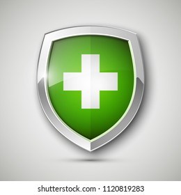 Cubierta de protección médica. Concepto de escudo de protección de acero protegido. Icono de acero de placa de seguridad. Blindaje de banner de Privacy metal. Etiqueta metálica de seguridad. Forma adhesiva cromada de presentación