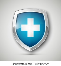 Medical Health Protection Shield Cross. Protected Steel Guard Shield Concept. Safety Badge Steel Icon. Privacy Metal Banner Shield. Security Safeguard Metal Label. Presentation Chrome Sticker Shape