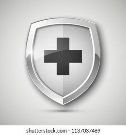 Medical health protection shield cross. Protected steel guard shield concept. Safety badge steel icon. Privacy metal banner shield. Security safeguard metal label. Presentation chrome sticker shape