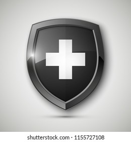 Medical health protection shield cross. Protected steel guard shield concept. Safety badge steel icon. Privacy metal banner shield. Security safeguard metal label. Presentation chrome sticker shape