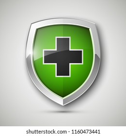 Medical health protection shield cross. Protected steel guard shield concept. Safety badge steel icon. Privacy metal banner shield. Security safeguard metal label. Presentation chrome sticker shape