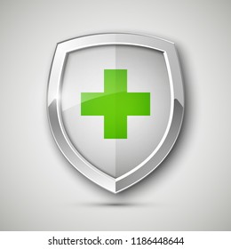 Medical health protection shield cross. Protected steel guard shield concept. Safety badge steel icon. Privacy metal banner shield. Security safeguard metal label. Presentation chrome sticker shape