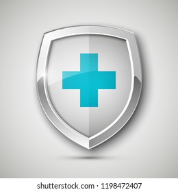 Medical health protection shield cross. Protected steel guard shield concept. Safety badge steel icon. Privacy metal banner shield. Security safeguard metal label. Presentation chrome sticker shape