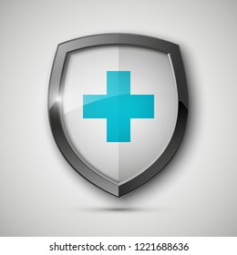 Medical Health Protection Shield Cross. Protected Steel Guard Shield Concept. Safety Badge Steel Icon. Privacy Metal Banner Shield. Security Safeguard Metal Label. Presentation Chrome Sticker Shape