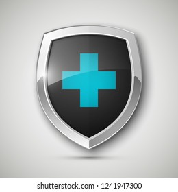 Medical health protection shield cross. Protected steel guard shield concept. Safety badge steel icon. Privacy metal banner shield. Security safeguard metal label. Presentation chrome sticker shape