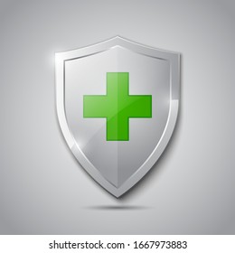 Medical health protection shield with cross. Healthcare medicine protected steel guard shield concept. Safety badge steel icon. Security safeguard metal label - stock vector