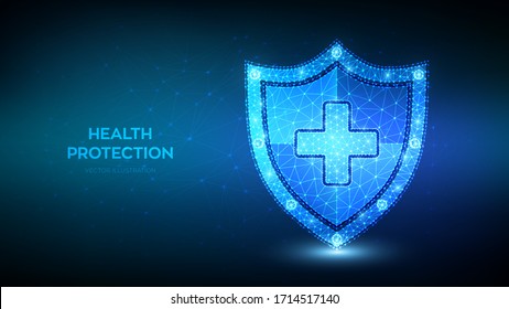 Medical health protection shield with cross. Healthcare medicine protected abstract guard shield concept. Health, medical and life insurance service. Low polygonal vector illustration.