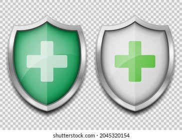 Medical health protection shield with cross. Healthcare medicine protected steel guard shield concept. Vector illustration. Eps 10.