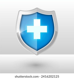 Medical health protection shield cross. Protected steel guard shield concept. Safety badge steel icon. Privacy metal banner shield. Security safeguard metal label. Presentation chrome sticker shape