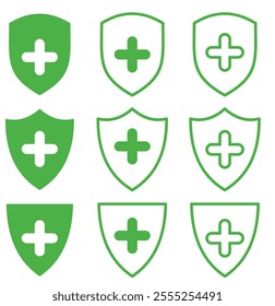 Medical health protection shield cross icons set. Protected shield concept eps 10. 333