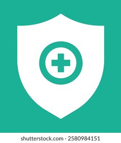 Medical health protection shield with cross. Healthcare medicine protected abstract guard shield concept. Health, medical and life insurance service. Turquoise realistic vector. Medical shield symbol.