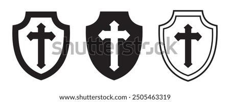 Medical health protection shield cross icons set. Protected shield concept. Safety badge vector. Privacy metal banner shield. Security safeguard metal label. Presentation chrome sticker shape.