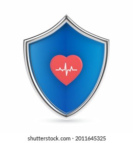 Medical health protection shield with heart icon with heartbeat line. Healthcare medicine protected guard shield concept. Health, medical and life insurance service. Realistic vector illustration.