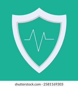 Medical health protection shield. Health, medical and life insurance service vector. Hospital or medicine logo. Health, safety, normal heart beat line, pulse line white icons on turquoise background.