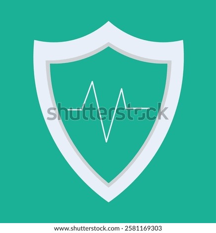 Medical health protection shield. Health, medical and life insurance service vector. Hospital or medicine logo. Health, safety, normal heart beat line, pulse line white icons on turquoise background.