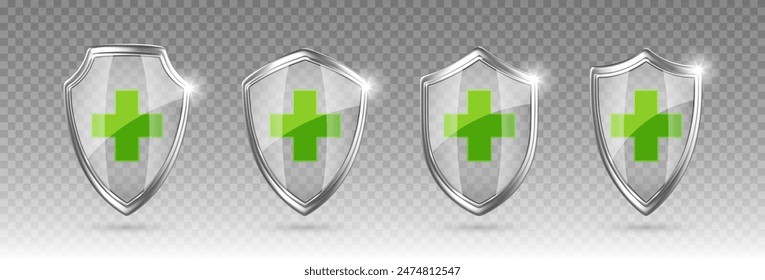 Medical health protection shields with cross. Medical protection, insurance symbol. Concept of medical insurance, hygiene. Vector illustration.