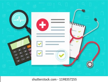 Medical health research report or contract vector, flat cartoon medicine or medicare record paper or insurance document work desk top view, concept of medicine check list, approved good test analyze