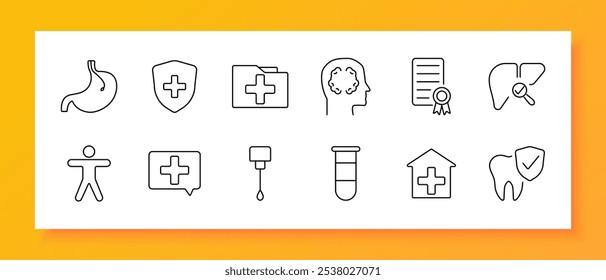 Medical health set icon. Stomach, health shield, medical file, mental health, certificate, liver, accessibility, medical chat, IV drip, test tube, hospital, dental check