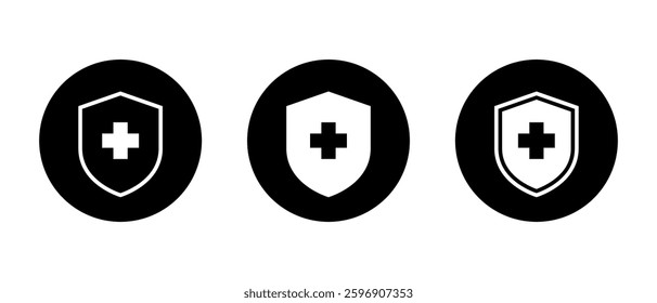 Medical, health shield icon set on black circle. Healthy badge sign symbol