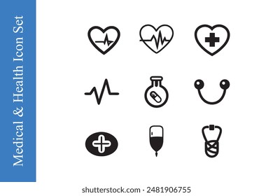 Medical and health symbols like hearts, stethoscope 