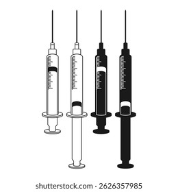 Saúde Médica Seringa Preto Plano e Estilo de Contorno. Ícone de Seringa Médica. Vacina Injetável.