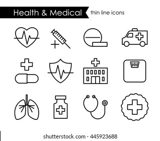 Medical and health thin line icon set