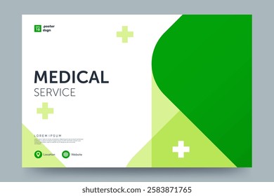 Medical and Healthcare banner design. Simple abstract geometric background in green color with place for text. Ideal for social media, poster, ad, print. Vector illustration