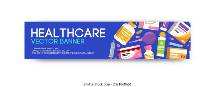 Medical healthcare banner flat style for insurange. Background with medicine pills, capsules, bottles vitamins, tablets, drug, antibiotic healthcare. Pharmacy illustration. Vector 10 eps.