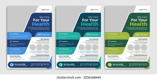 Diseño de plantillas de folleto para promoción de negocios de atención médica. Banner moderno de marketing en medios sociales para servicios hospitalarios, médicos, dentistas, de salud y odontológicos. Afiche o cubierta geométrica abstracta.