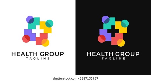 Logo der Gesundheitsgemeinschaft Außerdem signieren Sie Logo mit People Design Template. Vektorlogo von Krankenhaus, Menschen, Gesundheitswesen, Cross-Symbol, bunt, lustig, organisch.