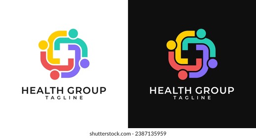 Medical healthcare community group logo. Plus sign logo with people design template. Vector logo of hospital, people, health care, cross symbol, colorful, fun, organic.