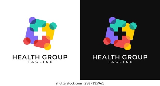 Medical healthcare community group logo. Plus sign logo with people design template. Vector logo of hospital, people, health care, cross symbol, colorful, fun, organic.