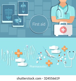 Medical and healthcare concept professionals doctors hospital medical research x-ray vector banners 