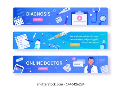 Medical and healthcare concept templates for horizontal web banners . Can use for backgrounds, infographics, hero images. Flat modern vector illustration.