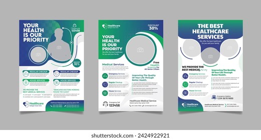 Medical Healthcare Consultant flyer brochure cover page design.   Corporate business A4 poster template set.